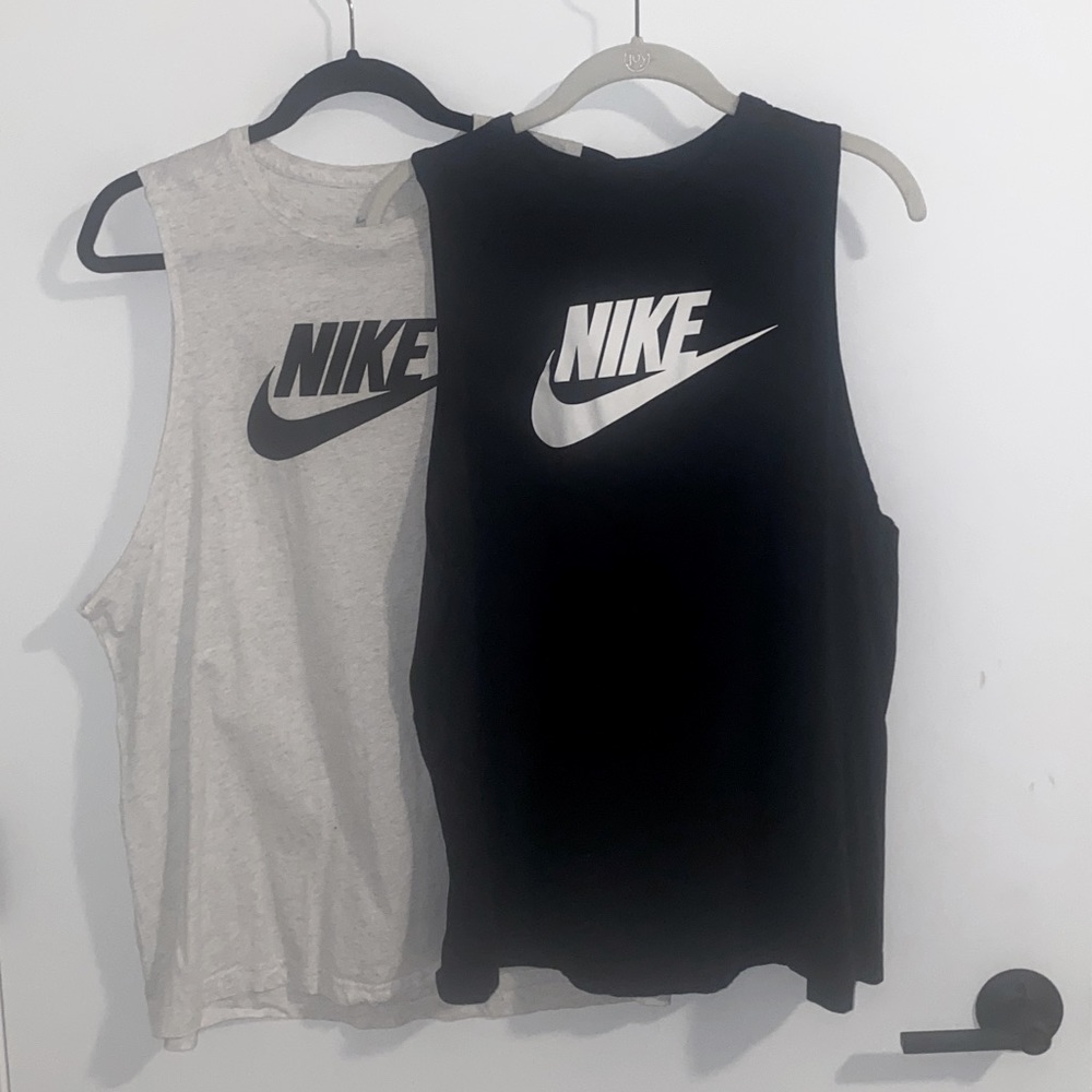 Qty. 2 - Nike Sportswear Women’s Muscle Tanks, Black and Light Heather Grey